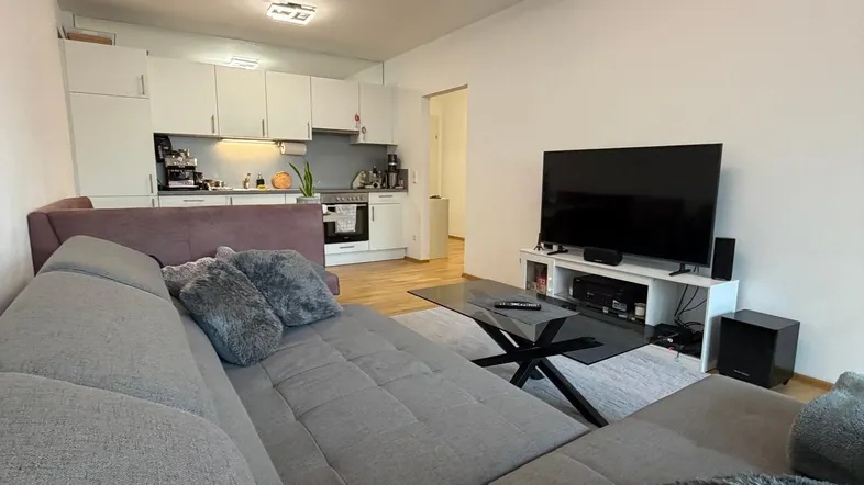 Helles Wohn- und Esszimmer mit offener Küche, großem Sofa und modernem Deckenlicht.