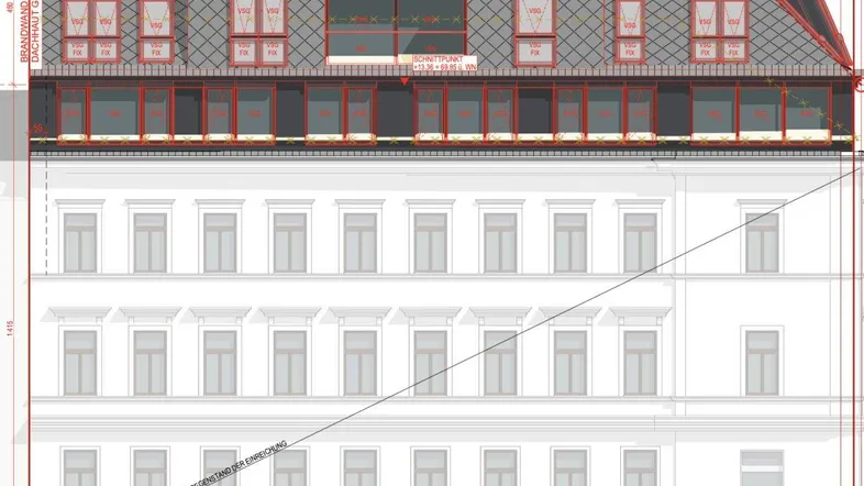Architektonische Zeichnung der Gebäudefassade mit Mansarddach und Dachgauben.