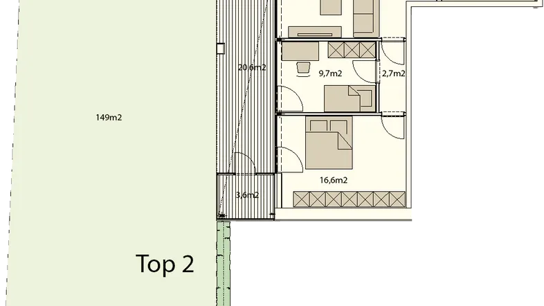 Detaillierter Grundriss der Wohnung Top 2 mit Garten und Terrasse.