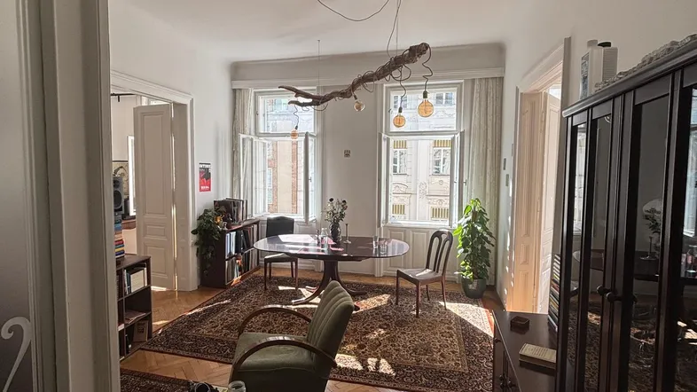 Helles Wohn- und Esszimmer mit Fischgrätparkett, Teppichen und Blick auf die Straße.