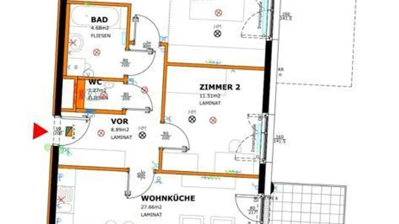 Grundriss des ersten Obergeschosses mit Wohnküche, zwei Zimmern und Balkon.