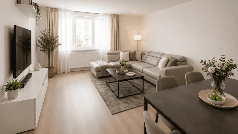 Helles Wohn- und Esszimmer mit modernem Sofa, Esstisch und hellem Laminatboden.