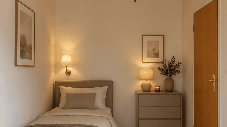 Gemütliches Schlafzimmer mit Einzelbett, Holzdecke und klassischem Kronleuchter, in warmem Licht.