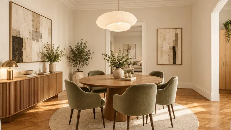 Elegantes Esszimmer mit modernem Holztisch, bequemen Stühlen und Fischgrätparkettboden.
