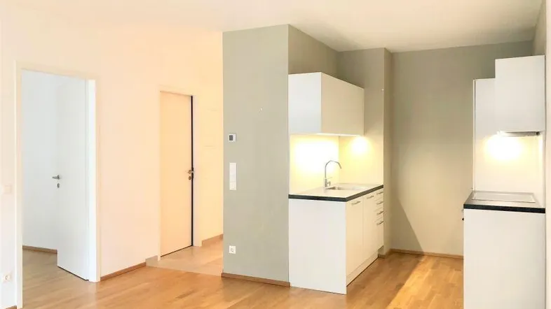 Helles Wohnzimmer mit Holzboden und integrierter, moderner Küchenzeile, die viel Tageslicht erhält.
