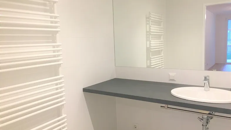 Modernes Badezimmer mit Waschbecken, großem Spiegel und praktischem Handtuchheizkörper an der Wand.