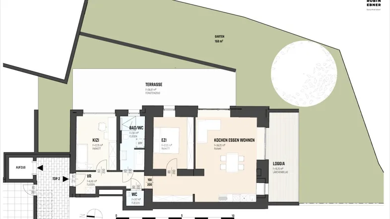 Grundriss einer Wohnung mit Terrasse, Garten und Loggia, sowie offenem Wohn-Essbereich.