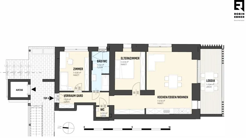 Detaillierter Grundriss mit drei Zimmern, zwei Bädern, offener Wohnküche und Loggia.