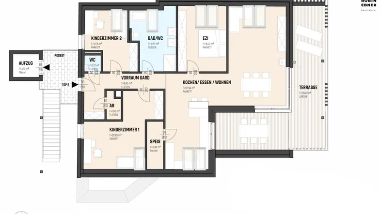 Detaillierter Grundriss einer Wohnung mit mehreren Zimmern, Terrasse und Aufzugzugang.