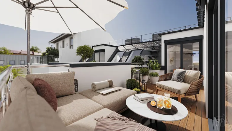 Moderne Dachterrasse mit bequemen Lounge-Möbeln und Sonnenschirm, ideal zum Entspannen.