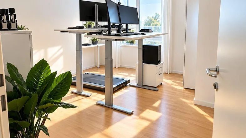 Modernes Büro mit höhenverstellbaren Schreibtischen, Laufband und viel Tageslicht durch große Fenster.