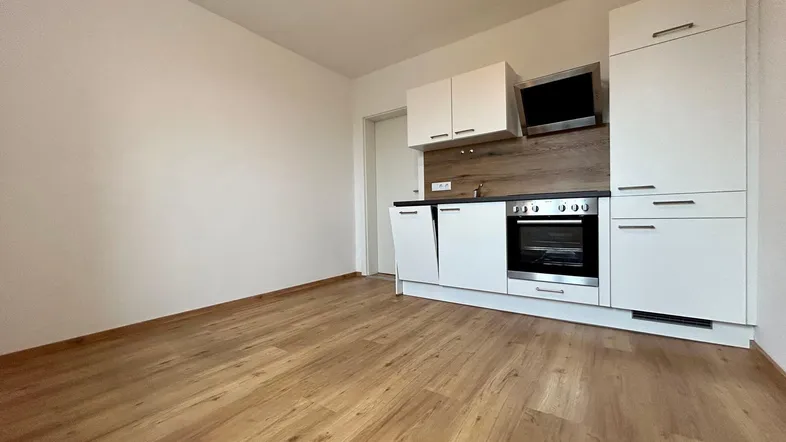 Moderne Küchenzeile mit weißen Schränken, integriertem Backofen und Holzakzenten im Wohnbereich.