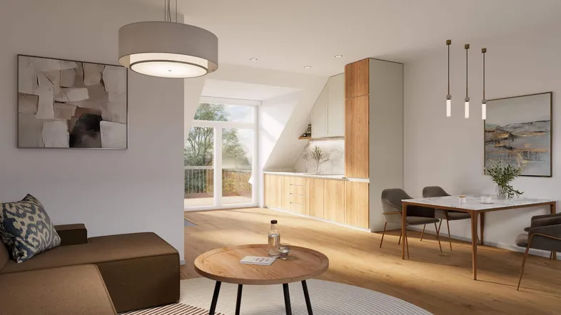 Heller, offener Wohn-Essbereich mit integrierter Küche, Holzboden und Zugang zu einem Balkon.