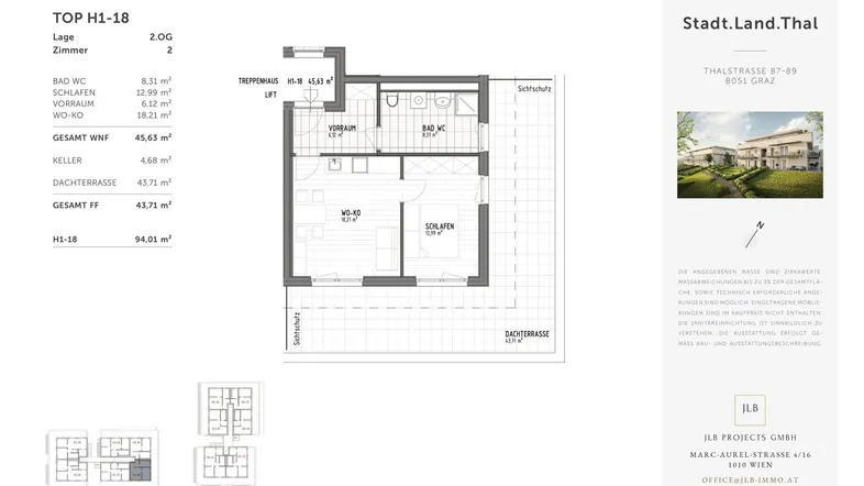 Grundrissplan der Wohnung H1-18 mit zwei Schlafzimmern, Wohn-Kochbereich und großer Dachterrasse.