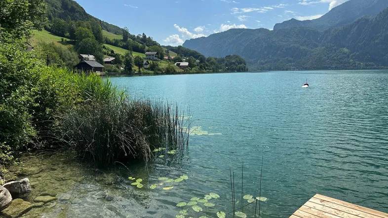 Malerischer Blick auf den See mit Bergen im Hintergrund und einem Holzsteg im Vordergrund.