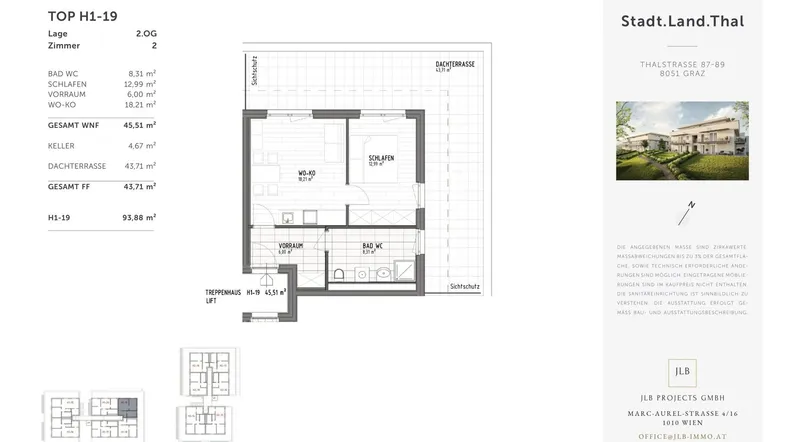 Grundriss der Wohnung H1-19 mit Dachterrasse, Schlafzimmer und offenem Wohnbereich.