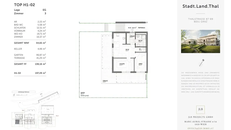 Detaillierter Grundriss der Wohneinheit H1-02 mit Wohnflächenangaben und Terrassenzugang.