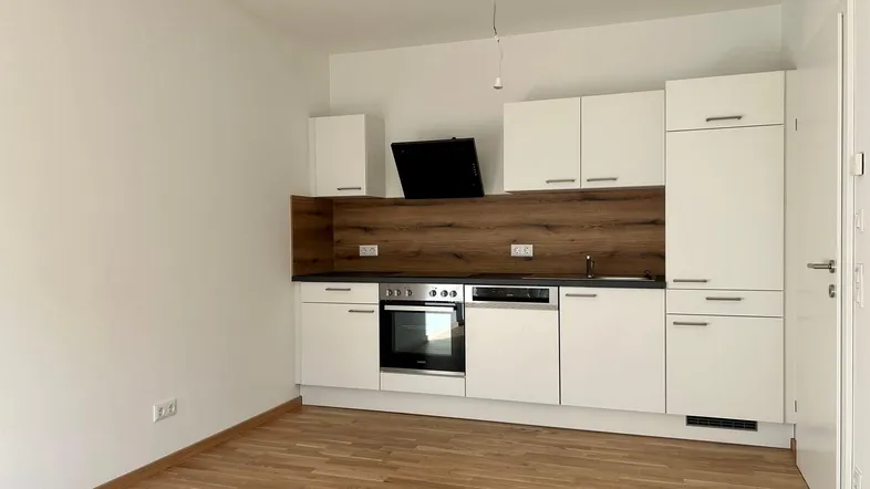 Moderne Einbauküche mit weißen Fronten und Holzrückwand in einem hellen Raum.
