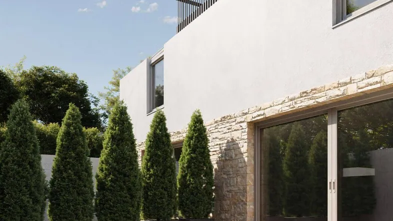 Moderne Fassade mit weißem Putz, Steinverkleidung und Zugang zum Gartenbereich.