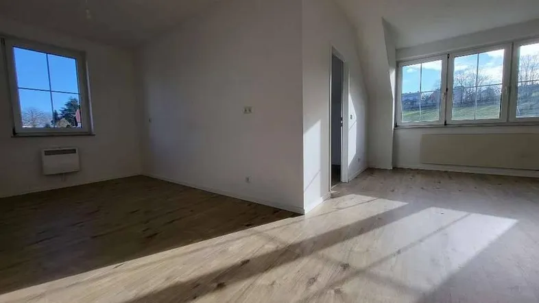 Helles, leeres Zimmer mit Holzboden und großen Fenstern, das viel Tageslicht hereinlässt.