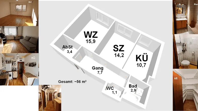 Übersicht des Grundrisses mit Flächenangaben und Fotos der verschiedenen Räume der Wohnung.