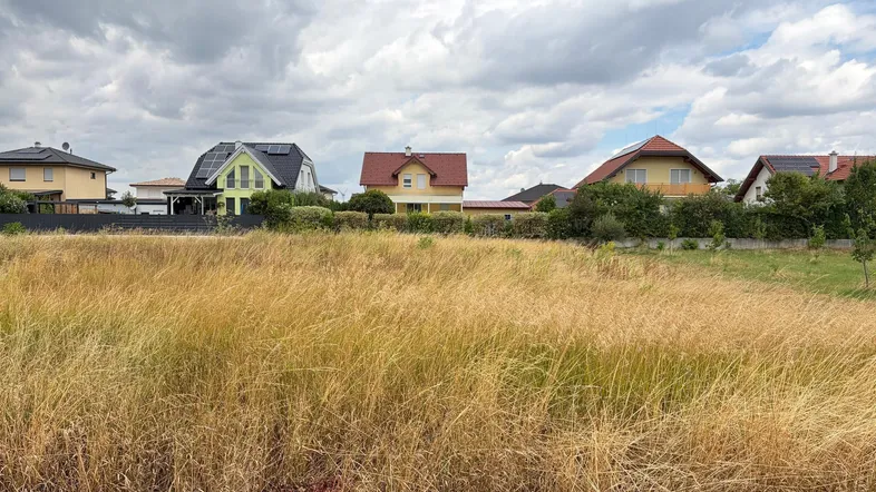 Trockenes Feld mit modernen Wohnhäusern im Hintergrund unter bewölktem Himmel.