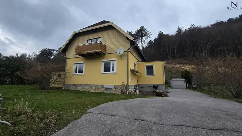 Gelbes Einfamilienhaus mit kleinem Holzbalkon, Auffahrt und bewaldetem Hügel im Hintergrund unter bewölktem Himmel.