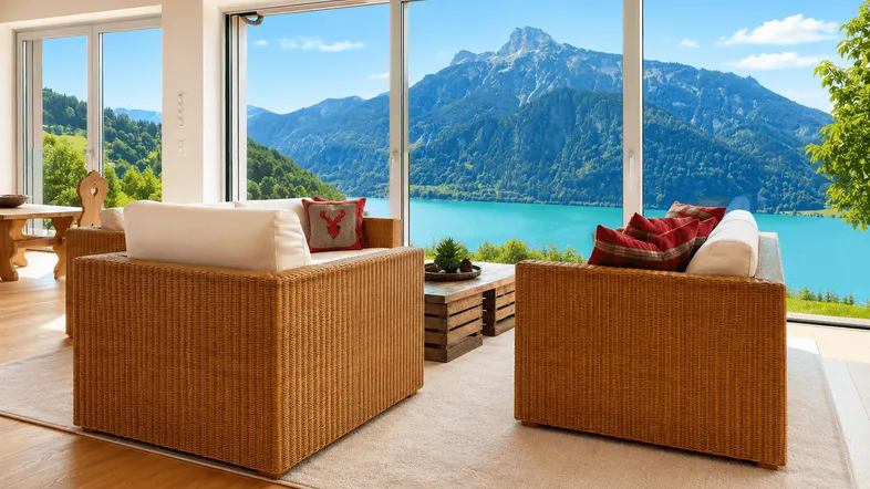 Heller Wohnbereich mit Korbmöbeln und beeindruckendem Panoramablick auf See und Berge.