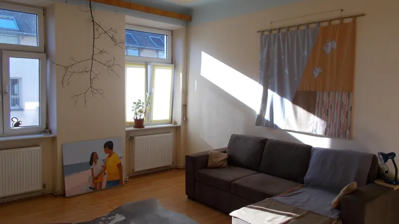 Helles Wohnzimmer mit Holzboden, gemütlichem Sofa und viel Tageslicht durch große Fenster.