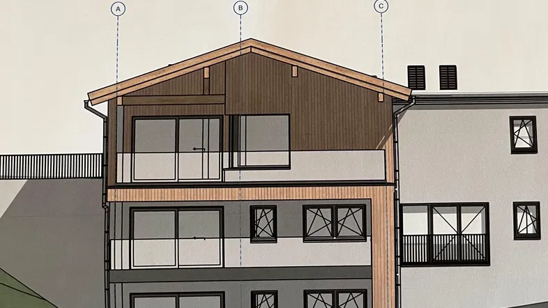 Architektonische Ansicht eines modernen Gebäudes mit Holzfassade und mehreren Balkonen.