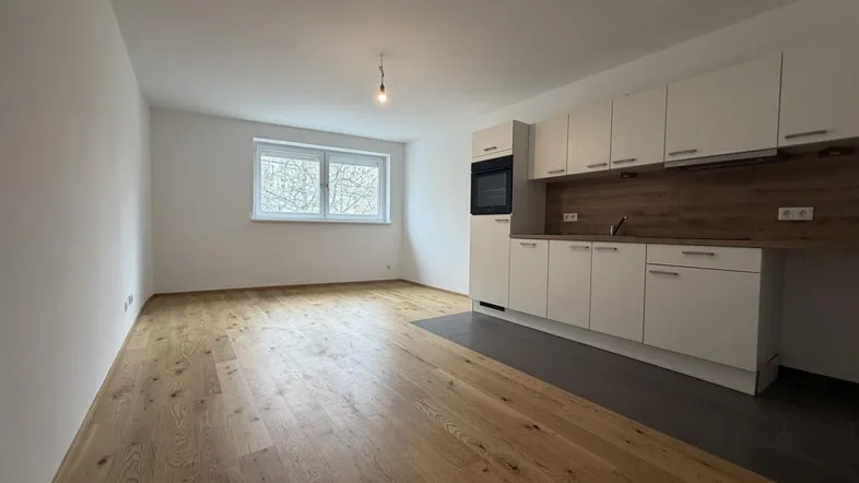Heller Wohnbereich mit integrierter Einbauküche, Parkettboden und Fenster für natürliches Licht.