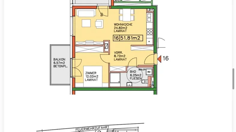 Grundrissplan einer Wohnung mit Balkon und Terrasse im dritten Stock.