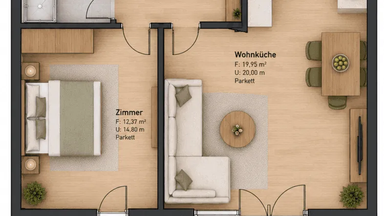 Detaillierter Grundriss einer Wohnung mit Wohnküche, Schlafzimmer, Bad und Balkon.