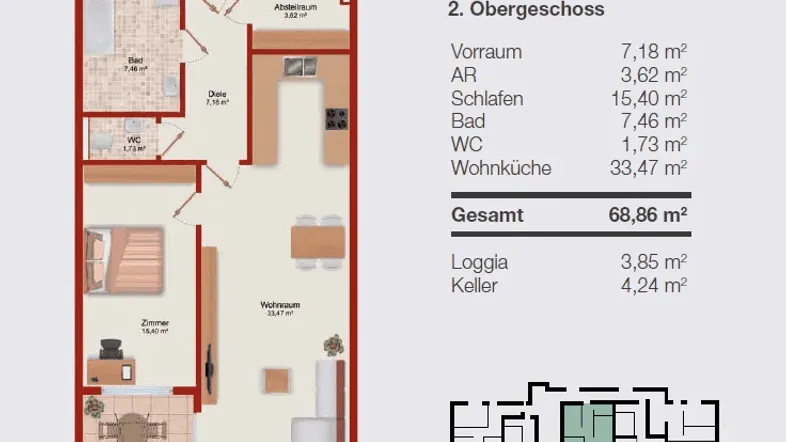 Grundriss der Wohnung TOP 11 im 2. Obergeschoss mit Wohnküche, Schlafzimmer und Loggia.