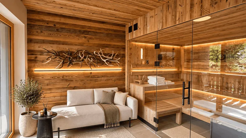 Gemütlicher Wellnessbereich mit Holzverkleidung, bequemer Couch und integrierter Sauna für Entspannung.