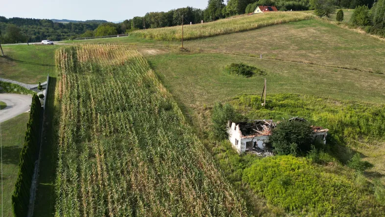 Luftaufnahme einer ländlichen Landschaft mit Maisfeldern, grünen Hügeln und einem verfallenen Gebäude.