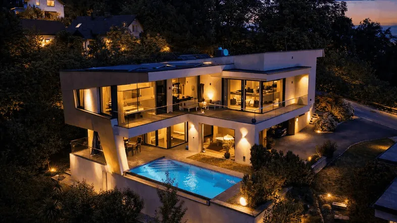 Moderne Villa bei Nacht mit beleuchteten Terrassen, großzügigen Glasfronten und einem Infinity-Pool.