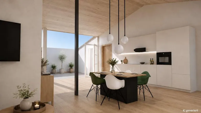 Heller, offener Wohn- und Essbereich mit moderner Küche, Holzboden und Zugang zur Terrasse.