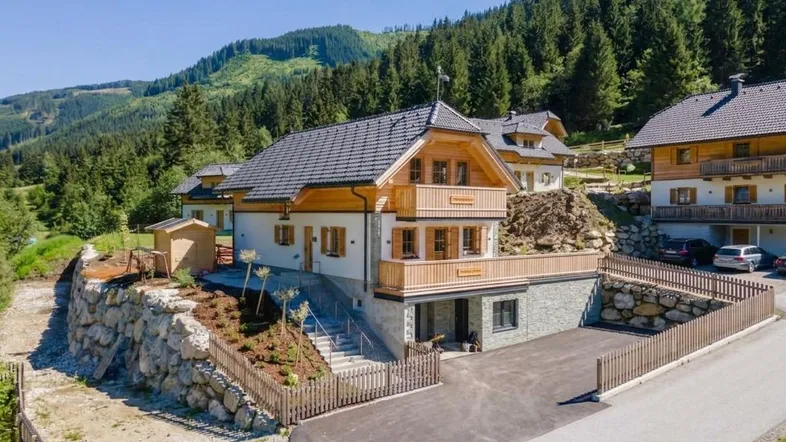 Modernes Holzhaus in alpiner Umgebung mit Bergblick und gepflegter Auffahrt.