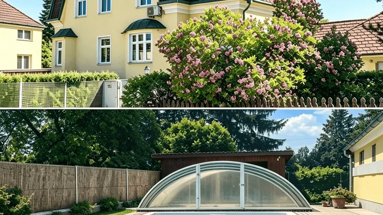 Gelbes Haus mit Mansarddach und Gartenbereich mit Pool und Poolüberdachung.