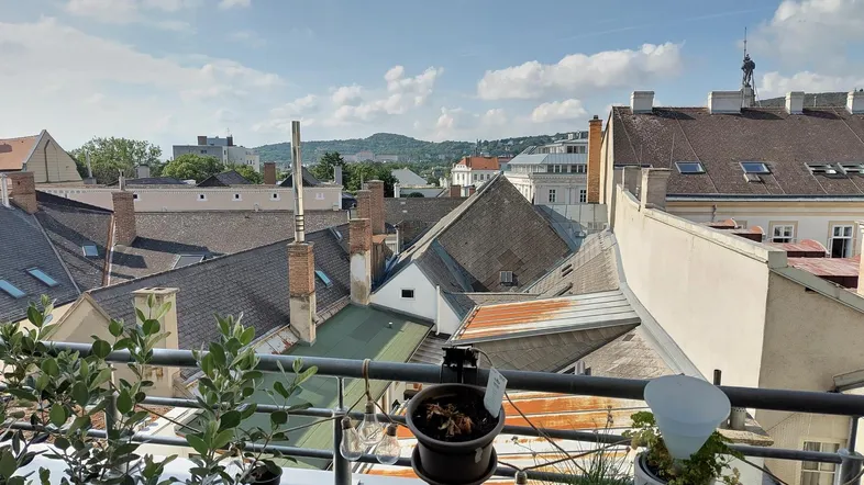 Blick vom Balkon über die Dächer der Stadt mit grünen Hügeln im Hintergrund unter blauem Himmel.