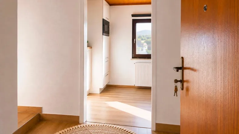 Heller Eingangsbereich mit Holztür und Blick in die Küche, ausgestattet mit Laminatboden.