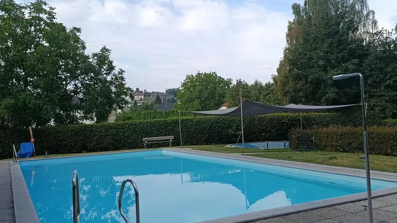 Großer Außenpool mit gepflasterter Terrasse, umgeben von grünen Hecken und Bäumen unter blauem Himmel.