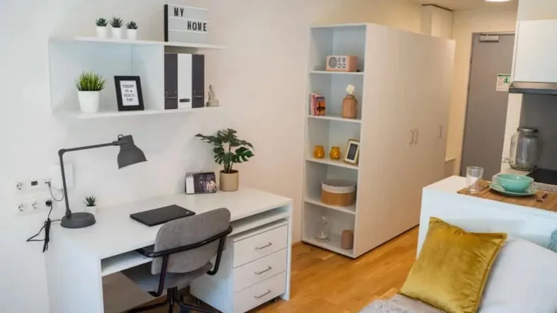 Helles Studio-Apartment mit modernem Schreibtischbereich, Regalen und Holzfußboden.