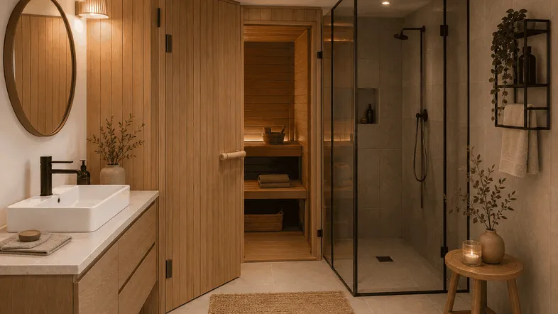 Modernes Badezimmer mit integrierter Sauna, begehbarer Dusche und Holzverkleidung für ein Wellness-Erlebnis.