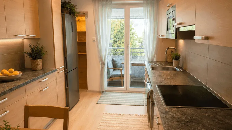 Helle Küche mit Holzschränken, dunkler Arbeitsplatte und Zugang zu einem kleinen Balkon.