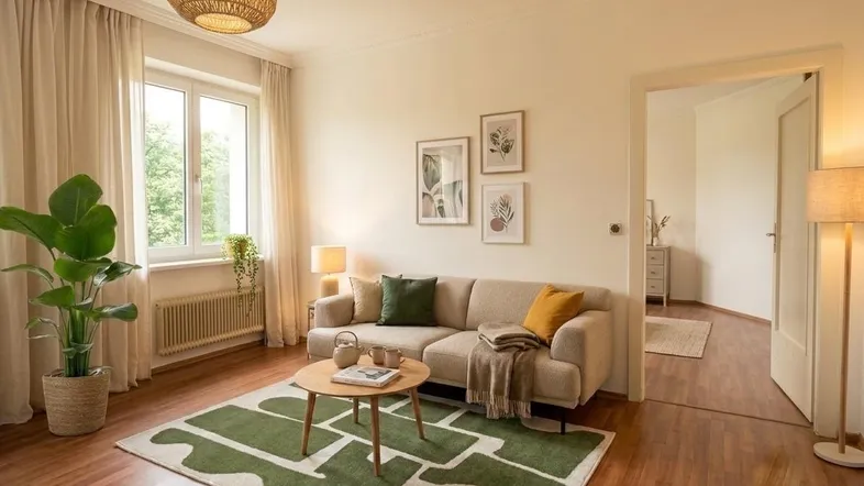 Helles Wohnzimmer mit beigem Sofa, Holzboden und Blick ins Grüne, einladend eingerichtet.