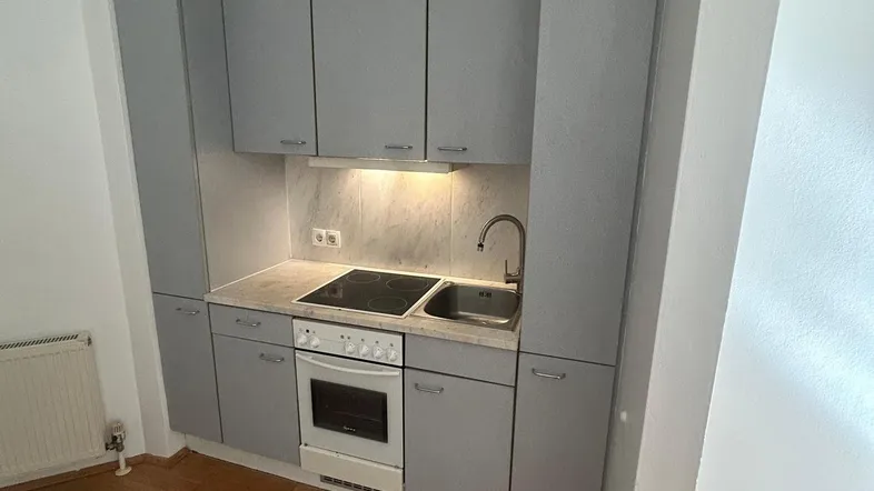 Kleine Einbauküche mit grauen Schränken, integriertem Herd und Spüle, sowie hellem Holzfußboden.