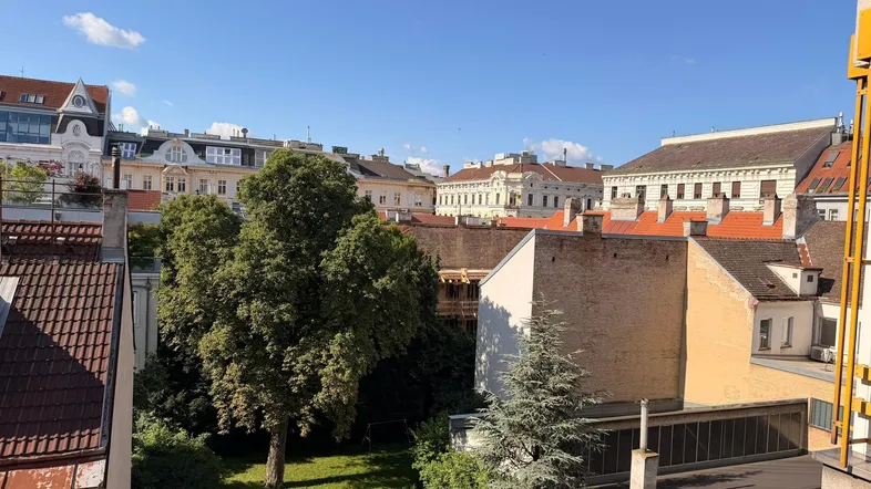 Blick auf einen grünen Innenhof mit Bäumen und umliegenden Gebäuden unter blauem Himmel.