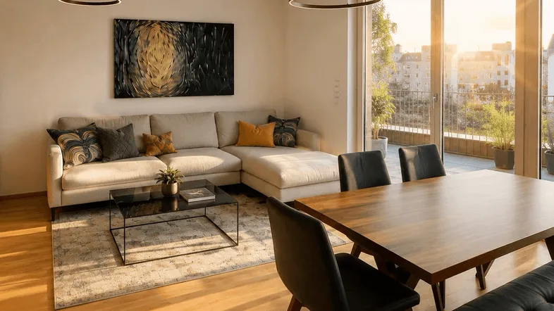 Helles Wohn- und Esszimmer mit modernem Sofa, Esstisch und Zugang zur Terrasse bei Sonnenuntergang.